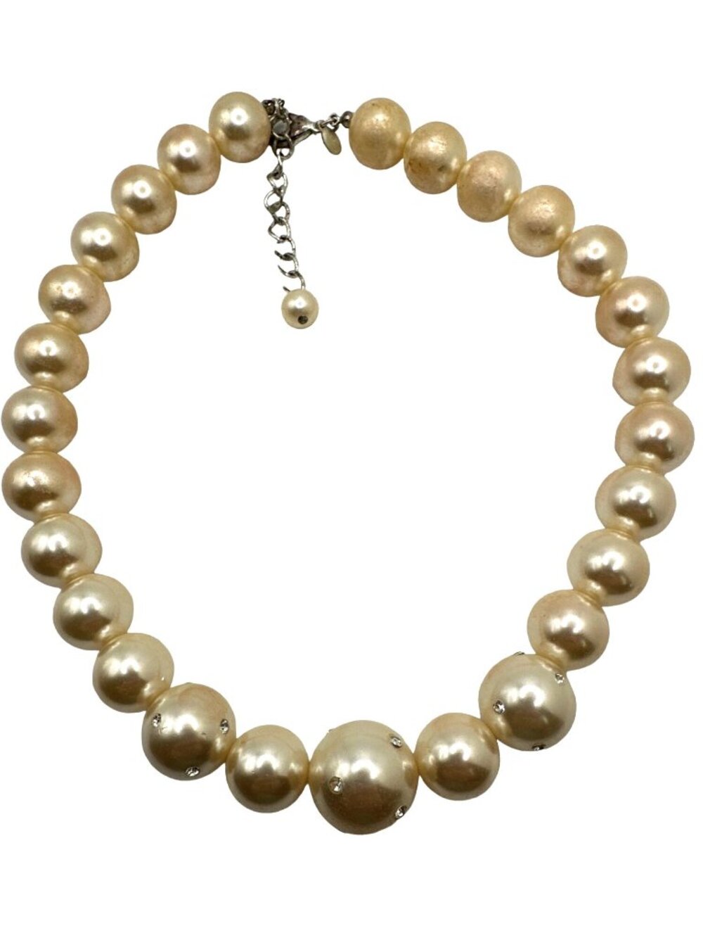 90s Roman Faux Pearl Necklace RMN Inlaid Rhinestones Costume FLAWED